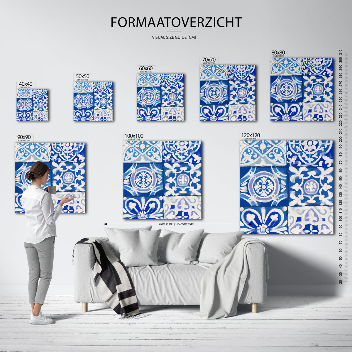 Blauwe tegelpatronen – vierkante muurposter met kleurrijke illustratie