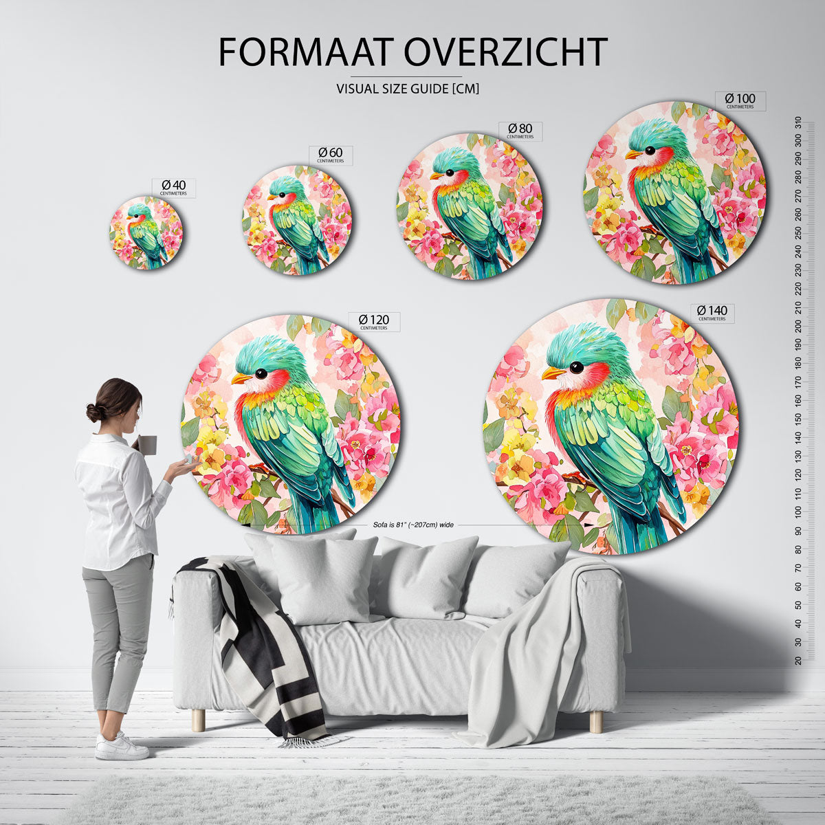 Vogel en bloemen – ronde muurcirkel met kleurrijke illustratie
