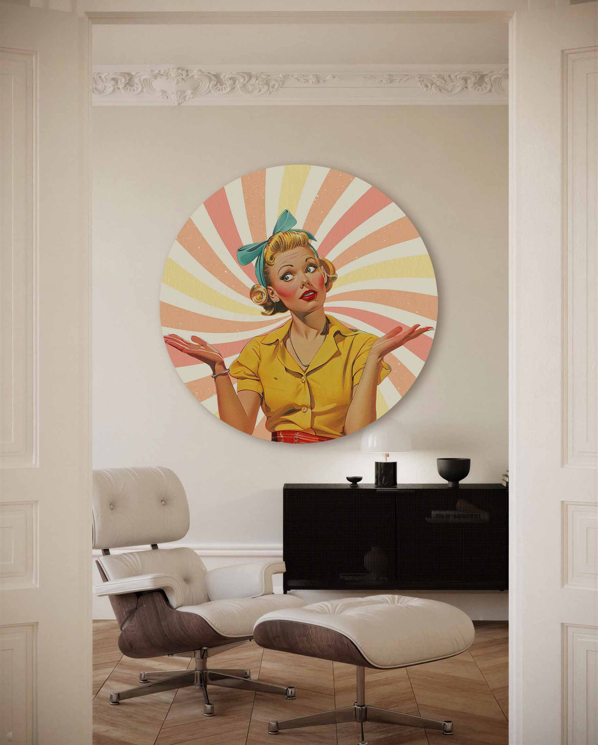 Vrouw met hoofdband – kleurrijke Pop Art muurcirkel voor aan de muur