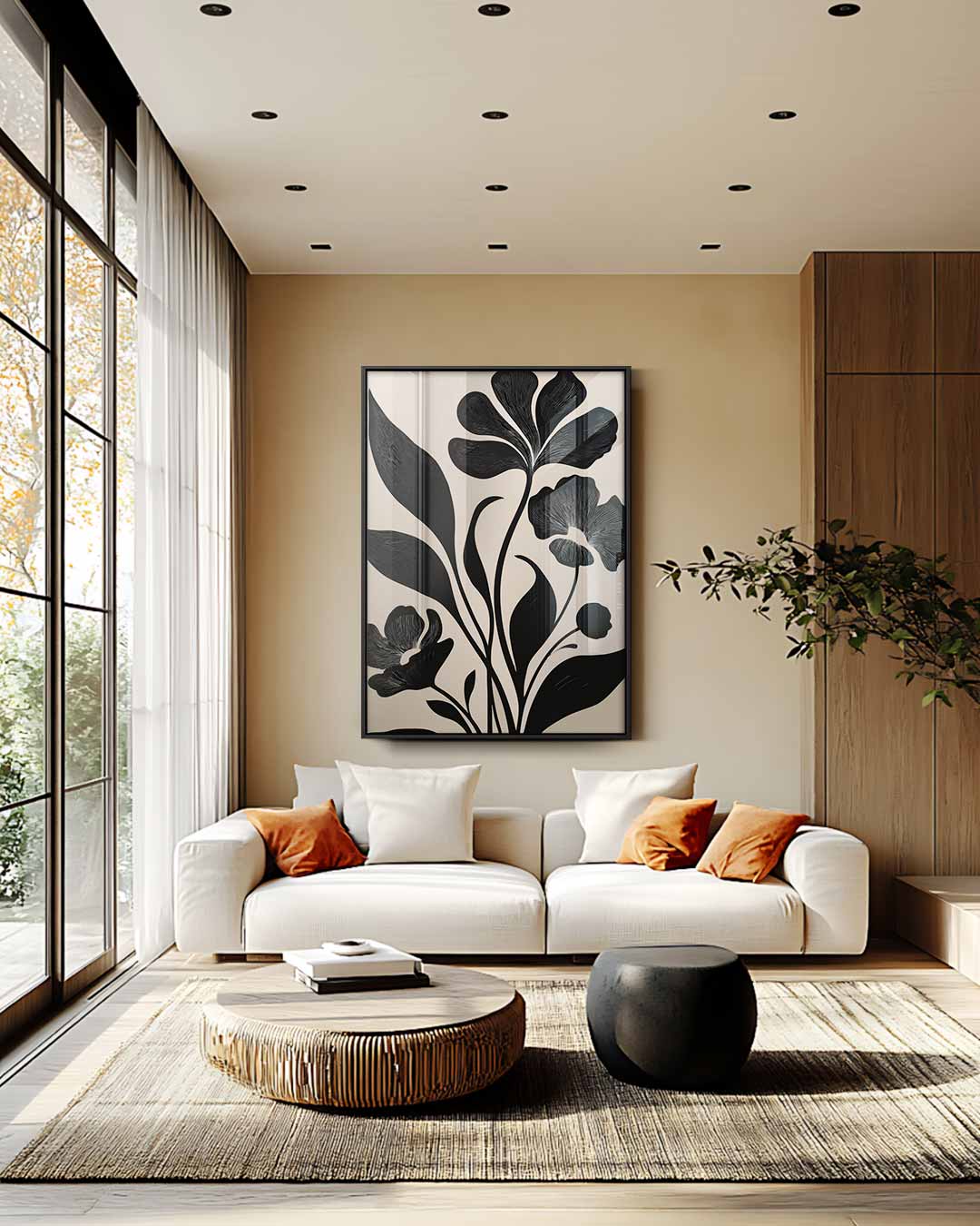 Bloemenpracht in Zwart-Wit – staande wandkunst voor woonkamer of interieur