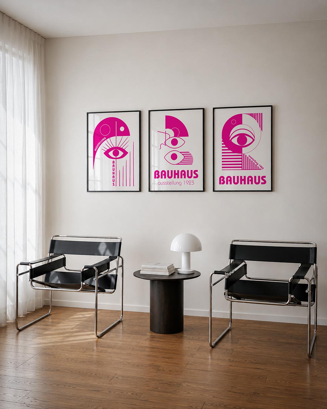 Oog en lijnen posterset – tweede productweergave – felroze vormen en lijnen creëren een dynamisch spel rond een centraal oog.
