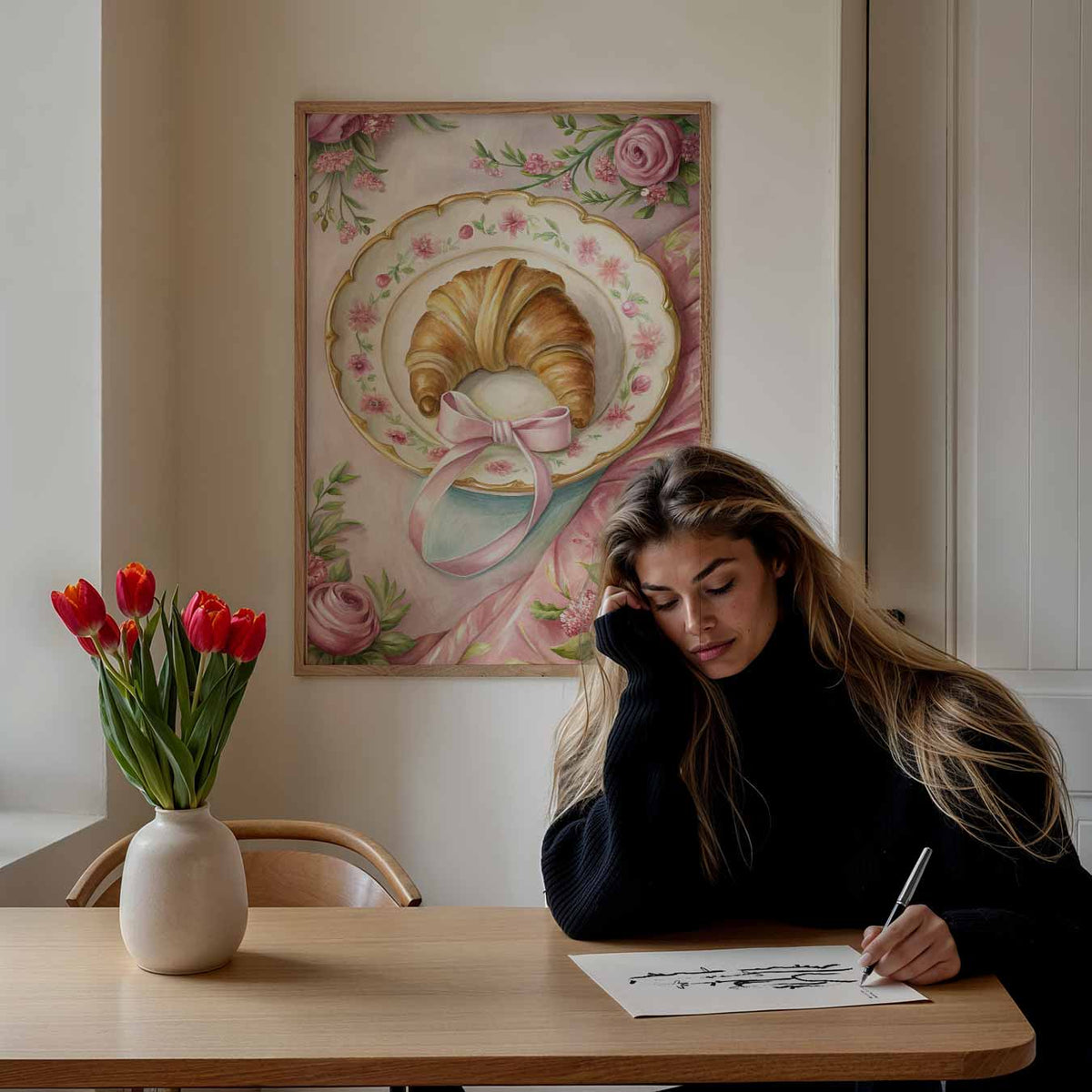 Romantische Bloemen en Croissant – paasposter in staand formaat