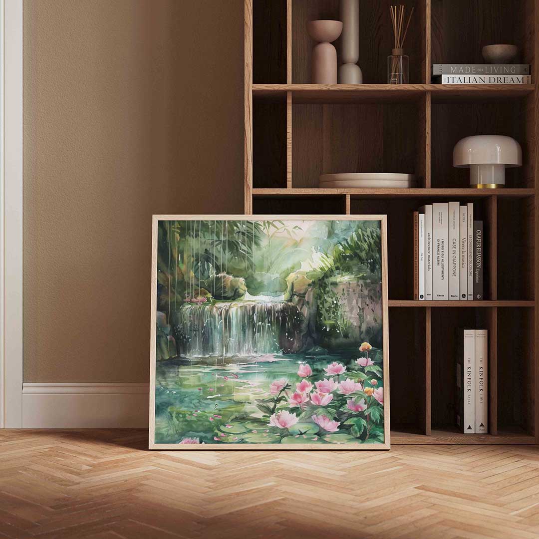 Waterval en bloemen – vierkante wanddecoratie met kleur en vorm van WallArtistic