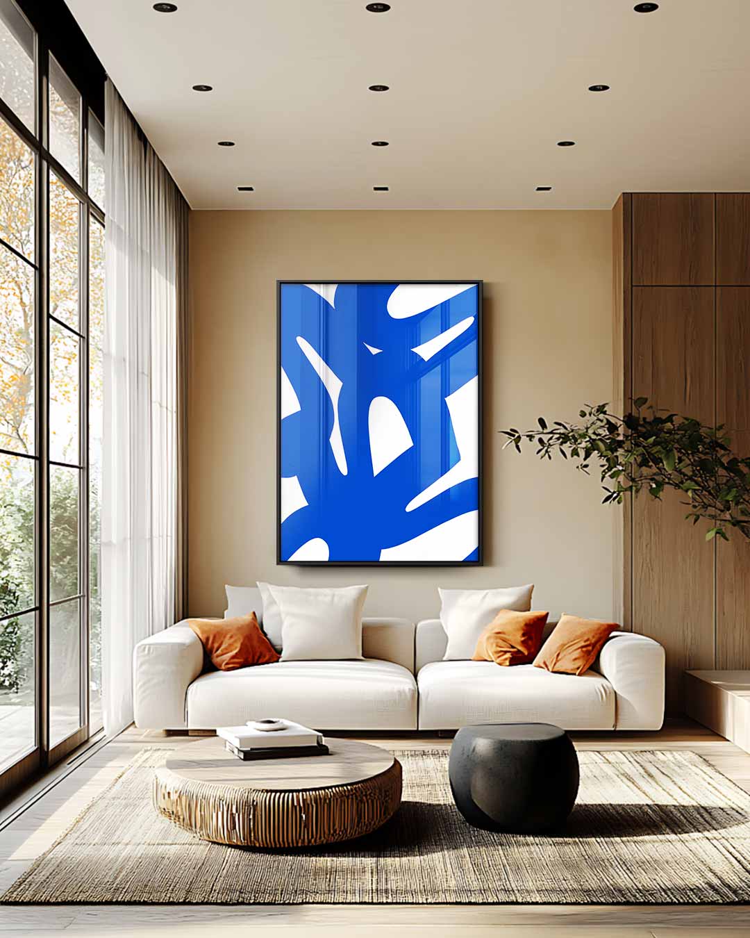 Dynamische Blauwe Krabbels – staande wandkunst voor woonkamer of interieur