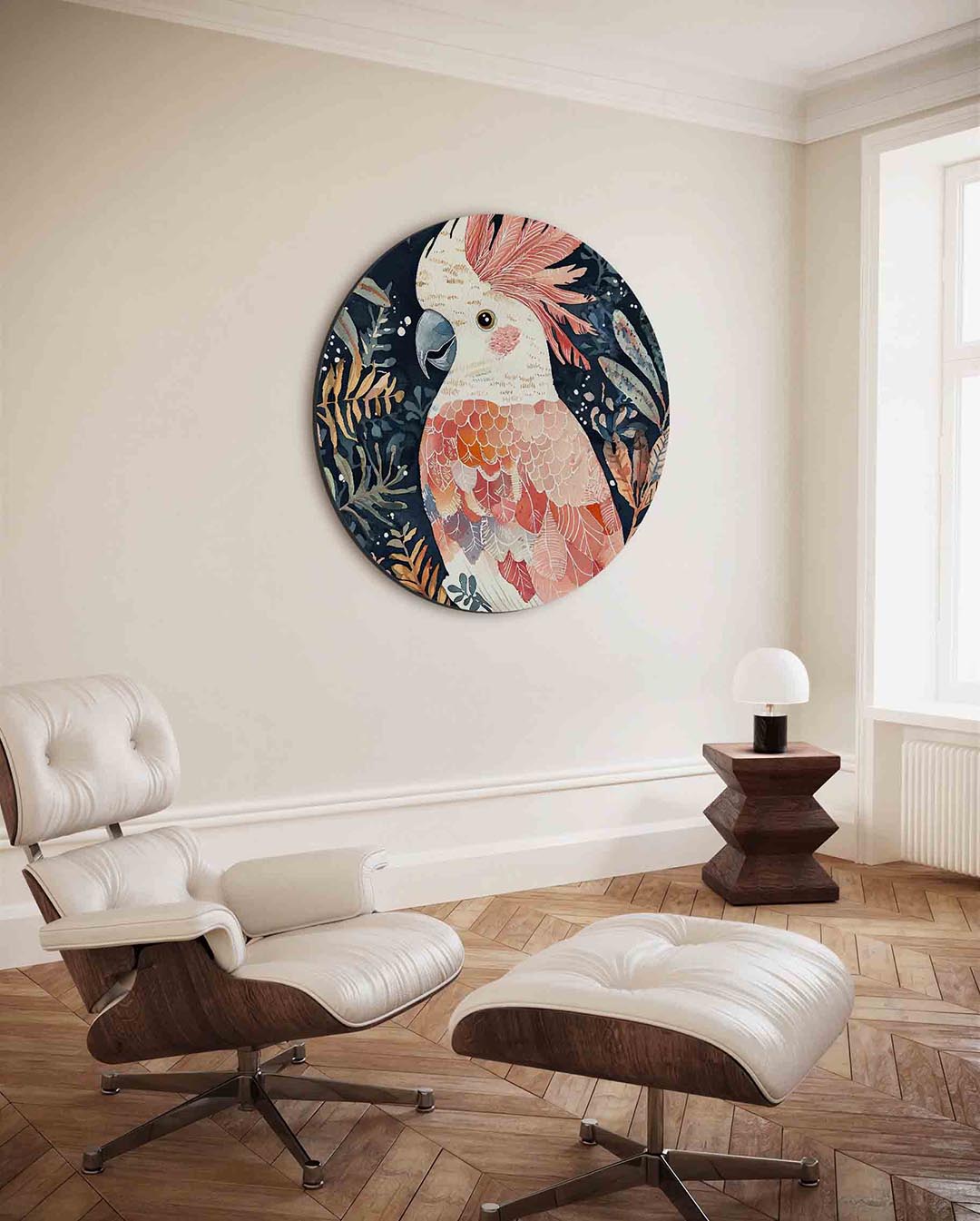 Papegaai en bladeren – kleurrijke ronde wanddecoratie van WallArtistic
