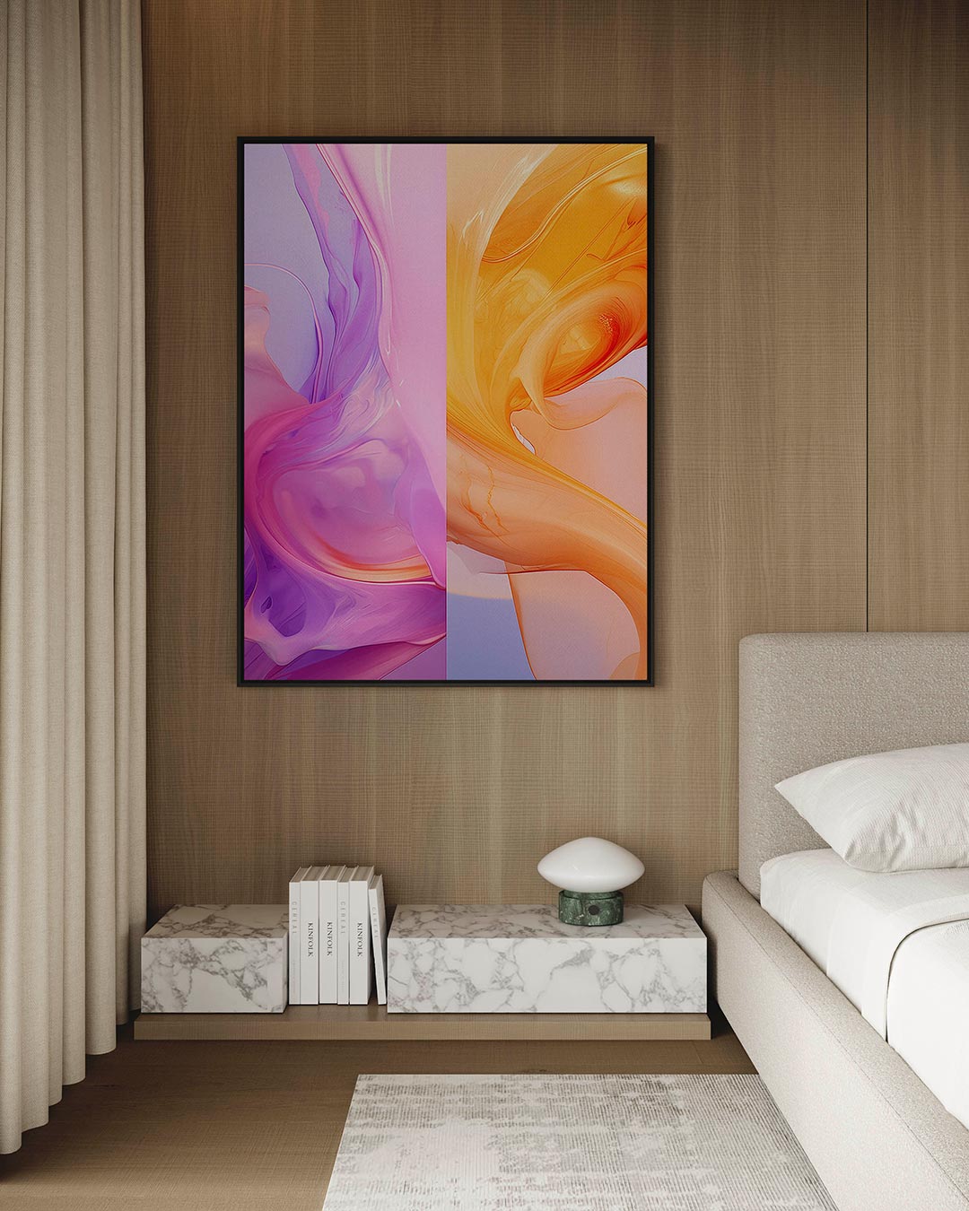 Vloeiende kleurencompositie – Oranje – kunstwerk op canvas, dibond of plexiglas