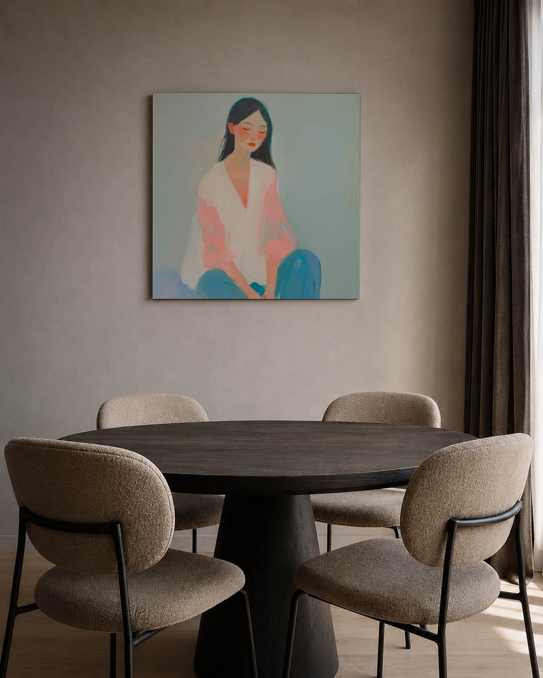 Dromerige vrouw kunstwerk – tweede productweergave – dit kunstwerk toont een serene vrouw in zachte kleuren. De vloeiende