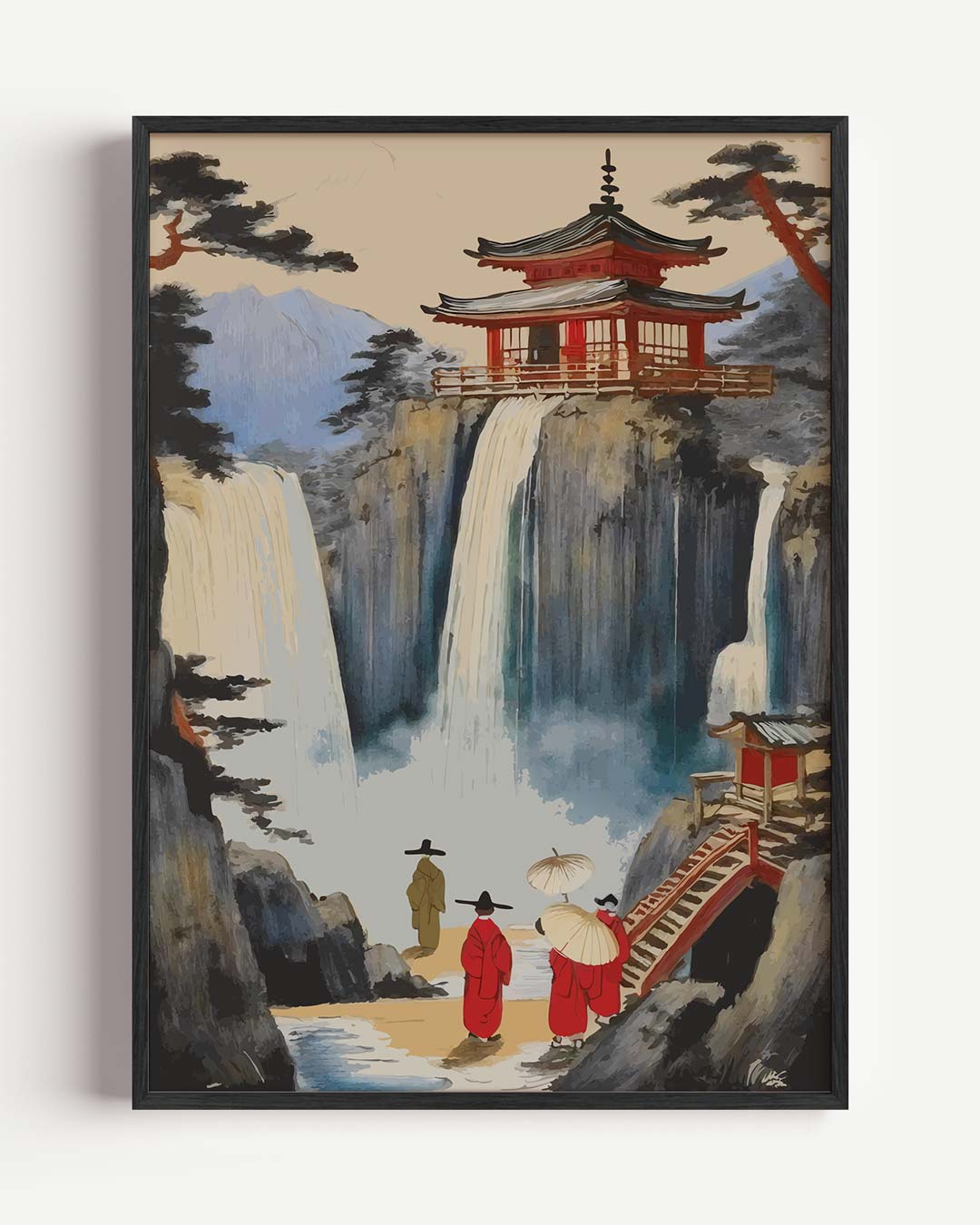 Japanse Waterval en Tempel – zomer portret poster als wanddecoratie