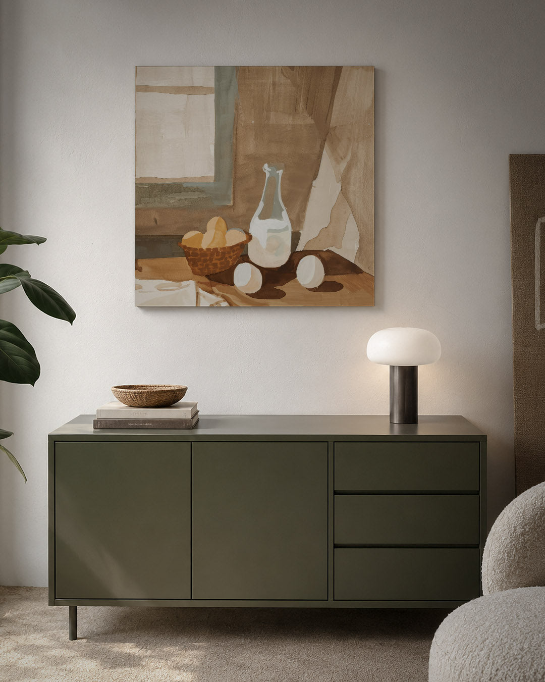 Interieur scène kunstwerk – detailweergave – dit werk toont een compositie met een mand eieren en een fles op een tafel. De
