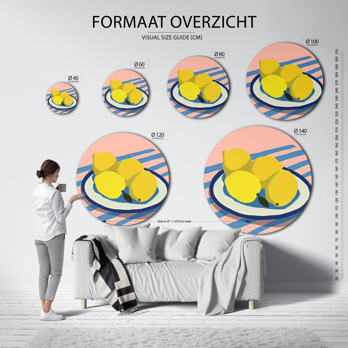 Citroenen op schaal – ronde muurdecoratie met kleur en vorm