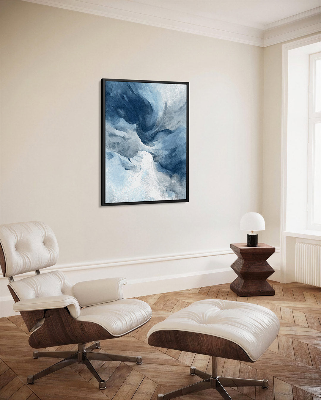 Dynamische blauwe vormen – decoratief kunstwerk voor aan de muur