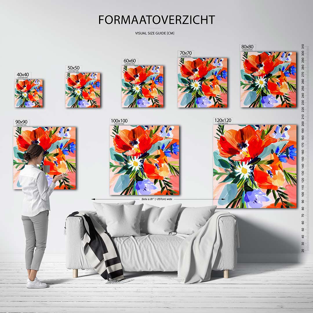 Kleurrijke bloemencompositie kunstwerk – sfeerbeeld – dit werk toont een levendige verzameling bloemen in diverse kleuren