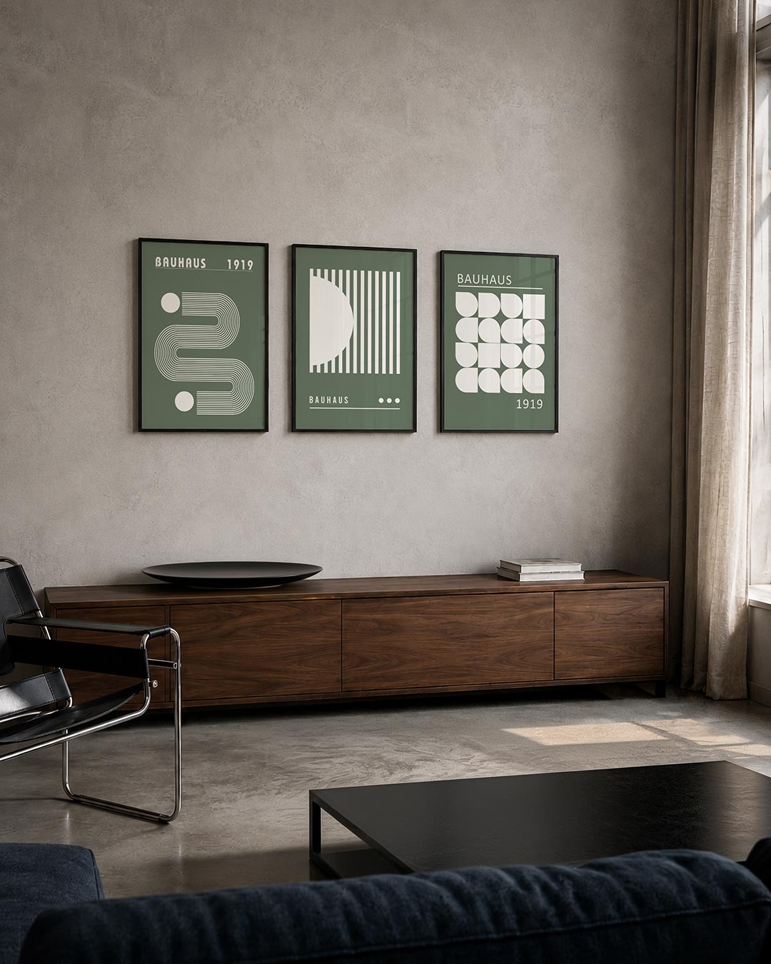 Lijnen en vormen driedelige posterset – deze posterset in drie delen toont een vloeiend lijnenspel met witte cirkels en