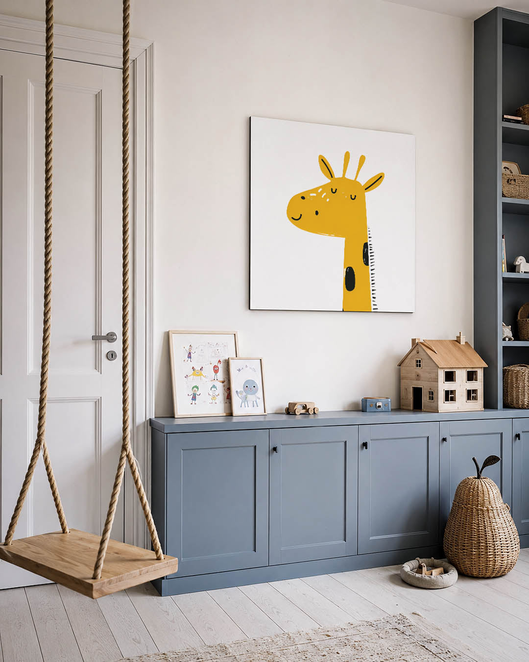 Vrolijke giraffe illustratie kunstwerk – vierkante wanddecoratie – dit kunstwerk toont een eenvoudige en speelse giraffe in