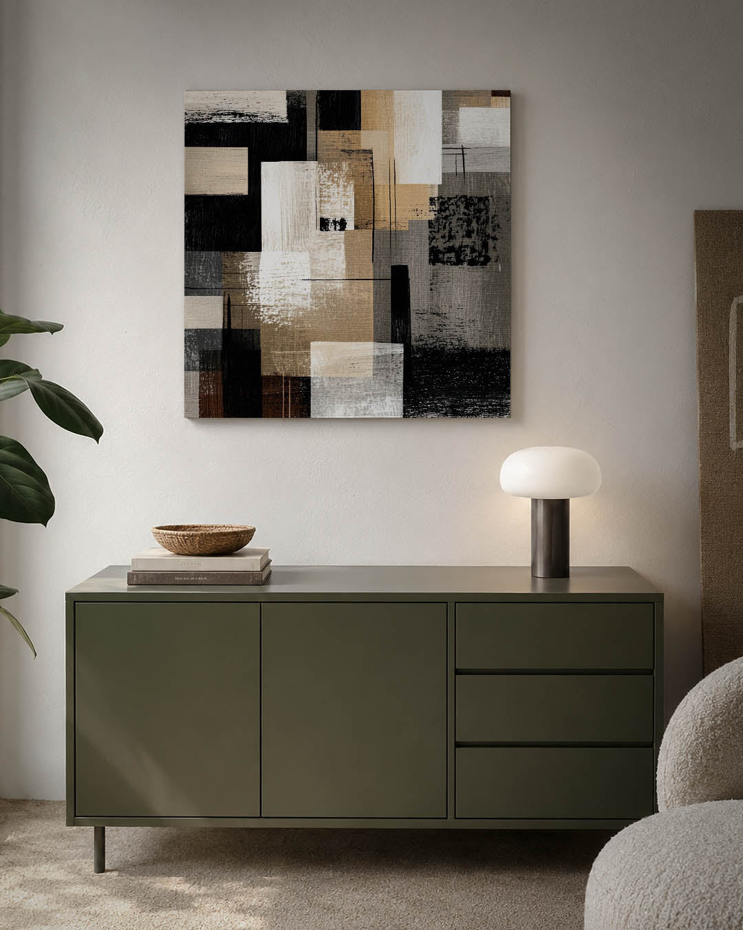 Geometrische compositie kunstwerk – detailweergave – dit werk toont een dynamische mix van rechthoeken en lijnen in beige