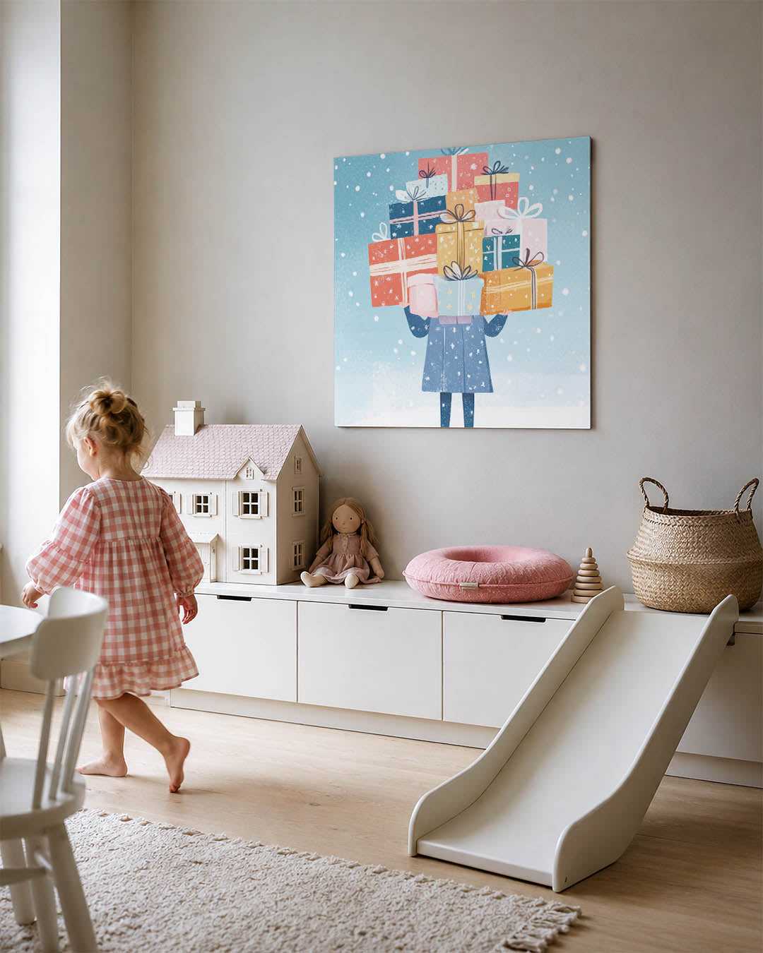 Speelse cadeau illustratie kunstwerk – tweede productweergave – dit werk toont een figuur met een stapel kleurrijke cadeaus