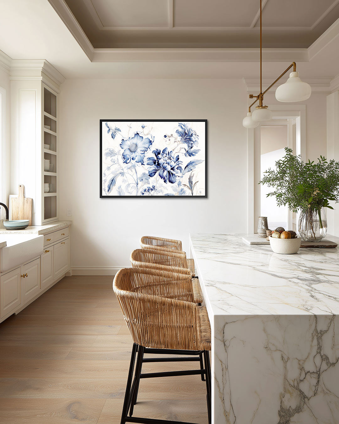 Florale blauwe compositie – liggende wanddecoratie