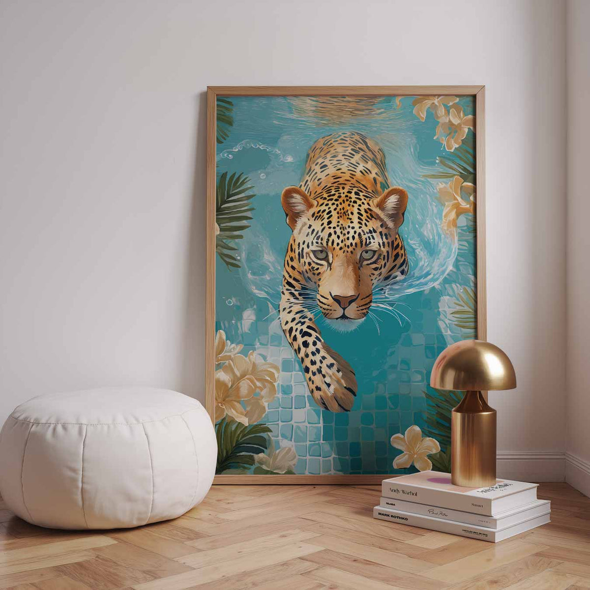Zwemmende Luipaard in Tropische Oase – dieren poster in staand formaat