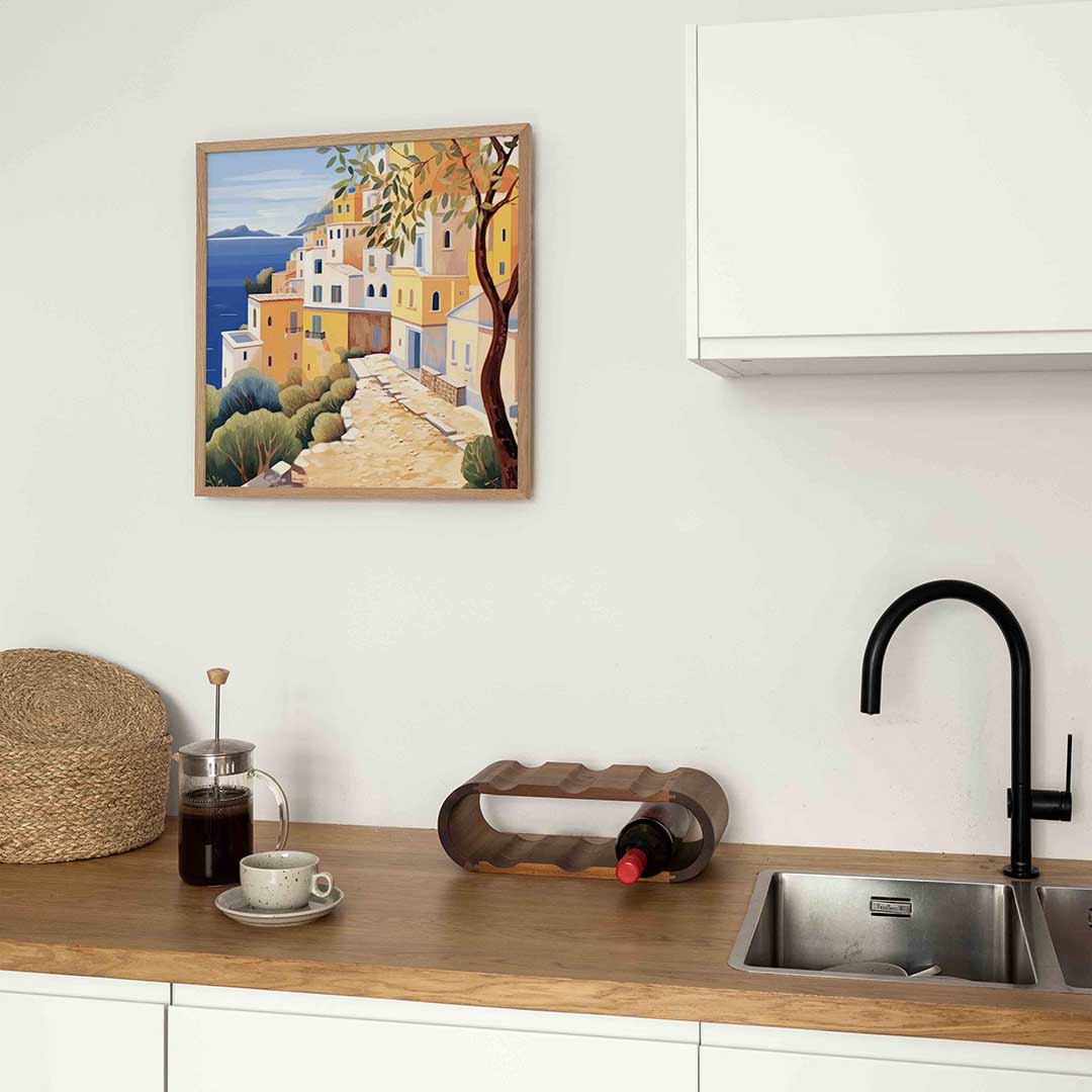 Mediterrane huizen aan zee – keukenposter in vierkant formaat