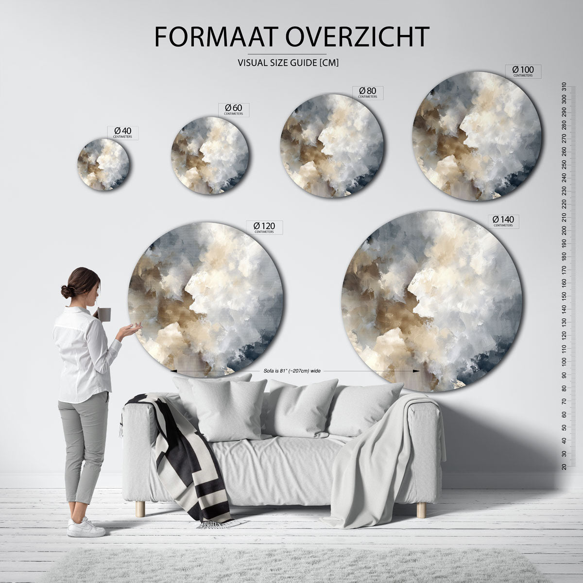 Abstracte wolken – ronde muurdecoratie met vrouwelijk portret