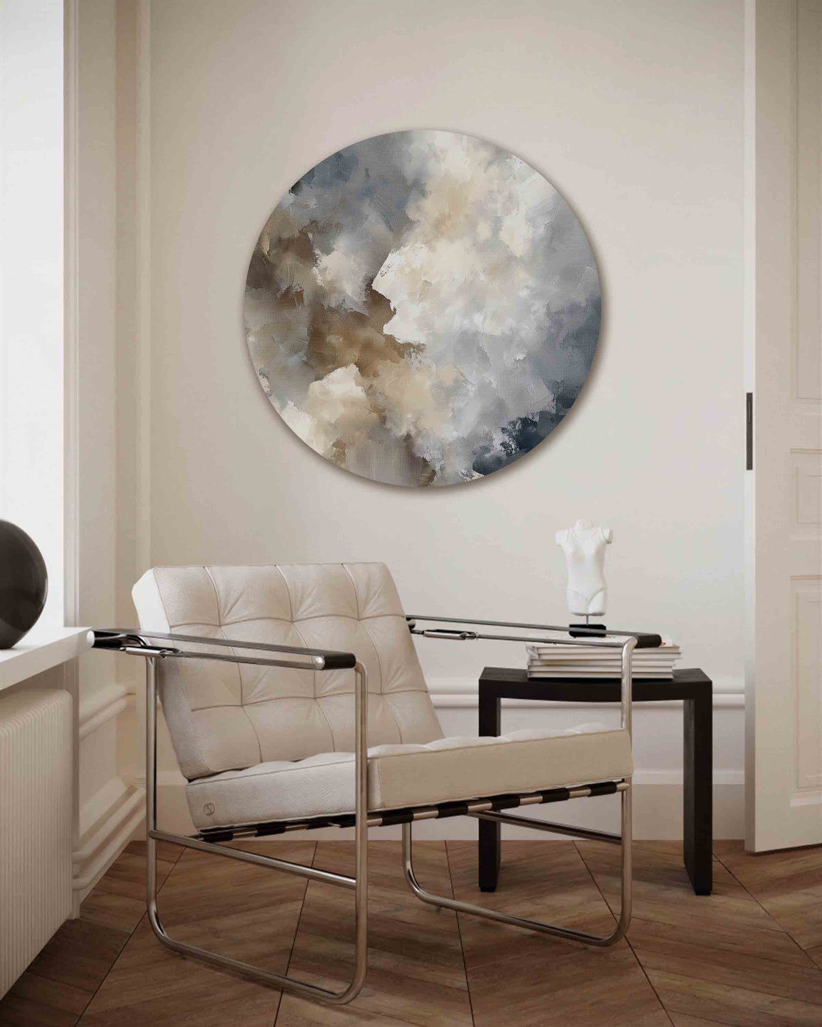 Abstracte wolken – vrouwelijk portret muurcirkel als wanddecoratie