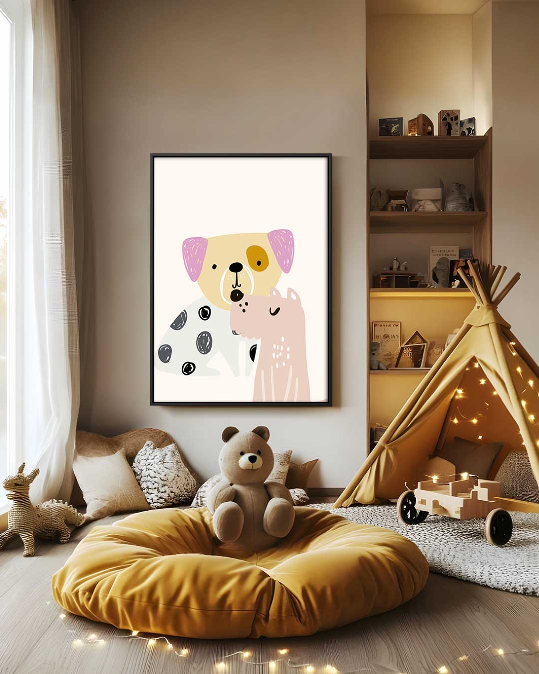 Vrolijke Honden Vriendjes Illustratie – modern portret kunstwerk van WallArtistic