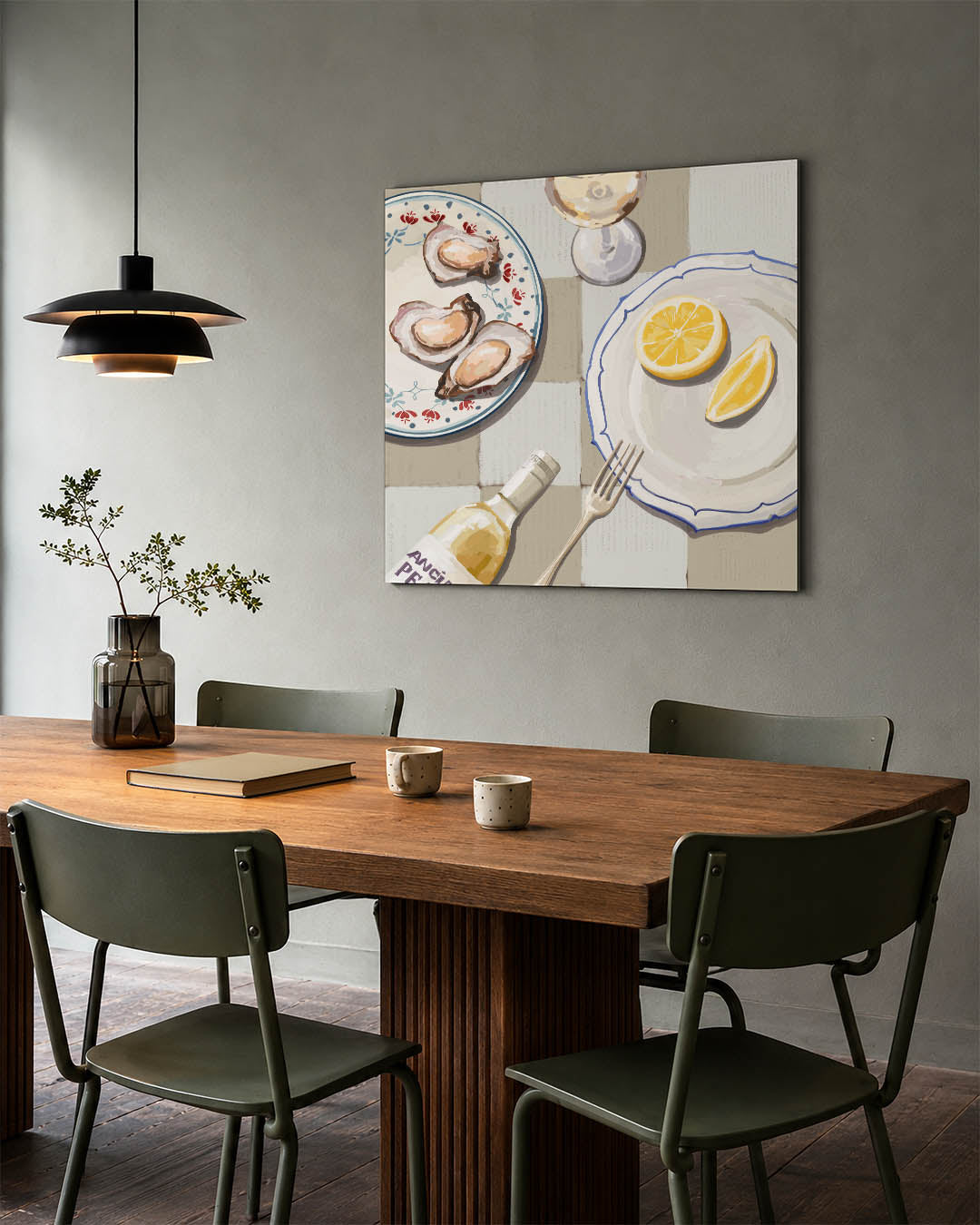 Eettafel compositie kunstwerk – tweede productweergave – dit werk toont een sfeervolle eettafel met oesters, citroen en een