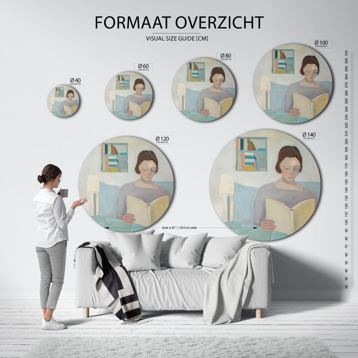 Lezende vrouw – ronde muurdecoratie met kleur en vorm