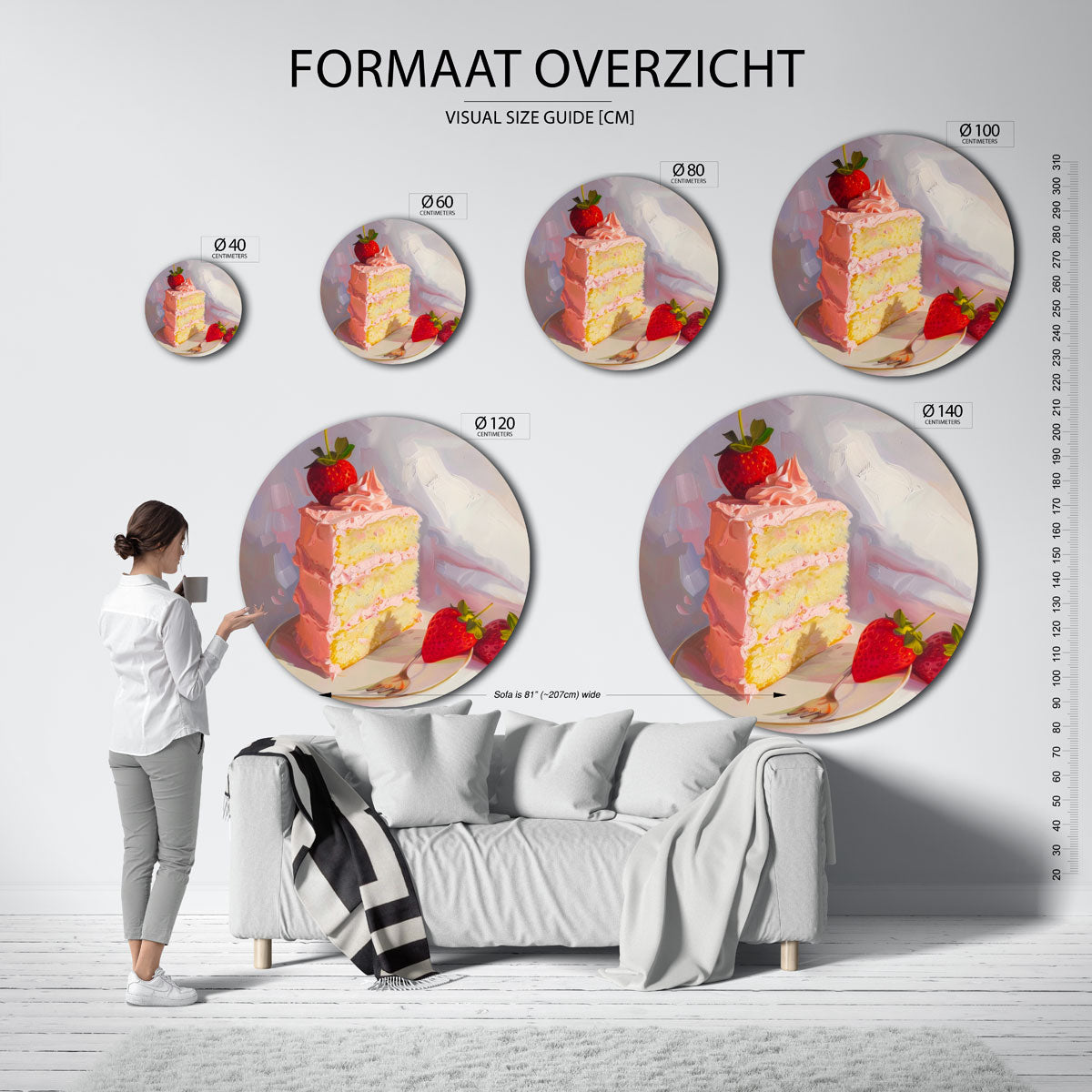 Aardbeientaart – geïllustreerde wandkunst als moderne muurcirkel