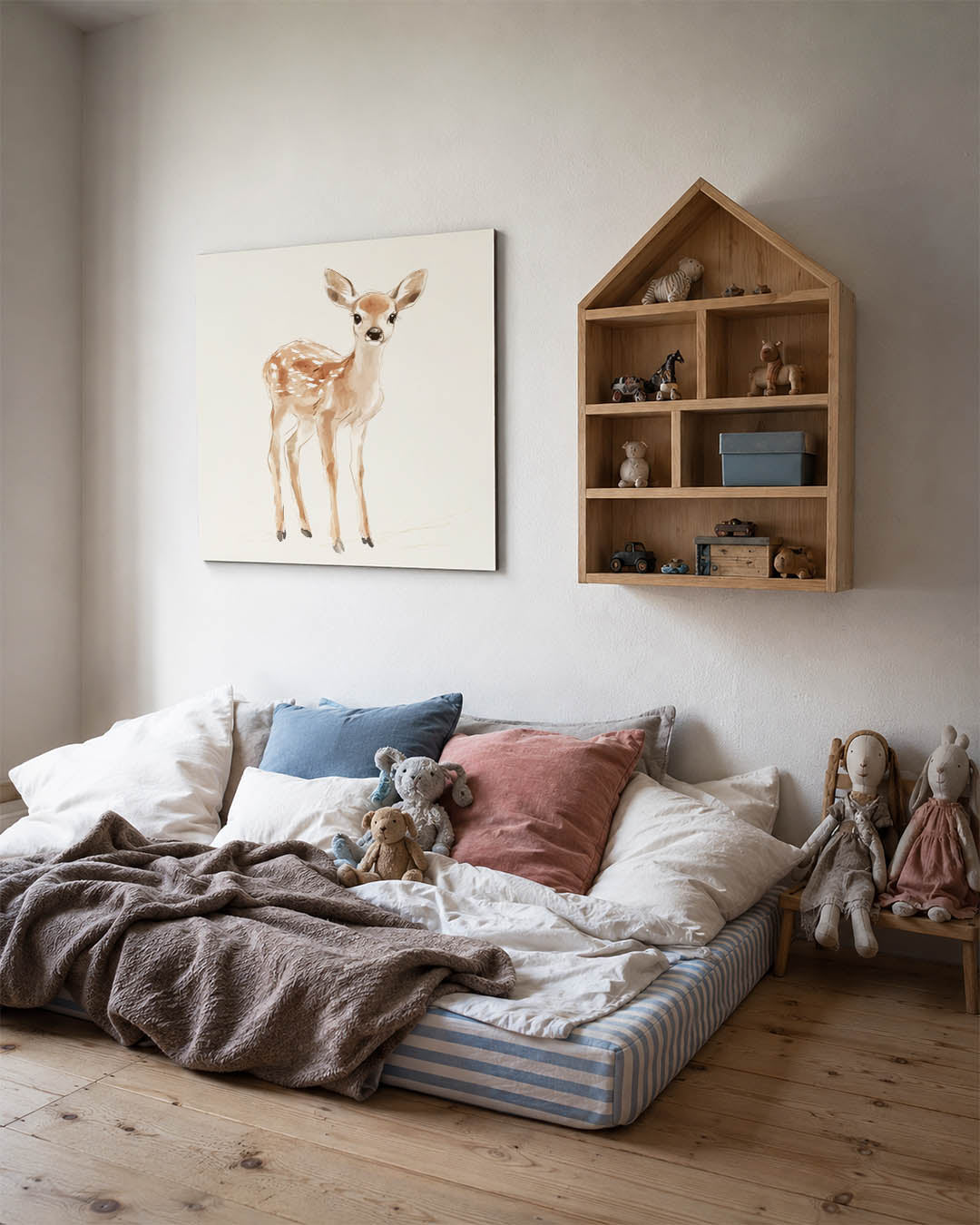 Schattig hertenkalf kunstwerk – derde productweergave – dit werk toont een jong hert in zachte tinten, met een delicate