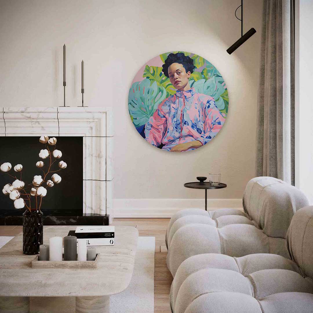 Portret met bladeren – abstracte textuur muurcirkel als wanddecoratie