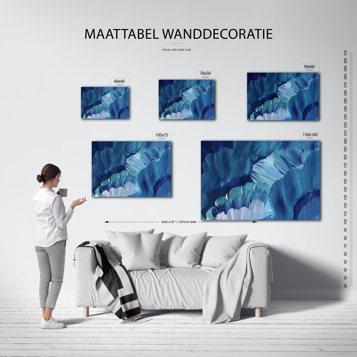 Dynamische blauwe borstels – Creëren – moderne liggende wandkunst