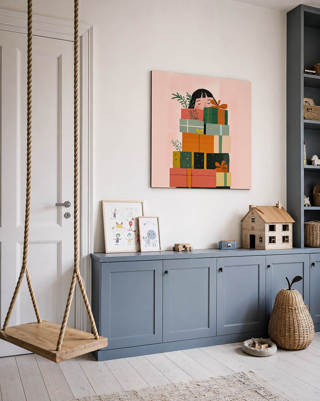 Vrolijke cadeau stapel kunstwerk – vierkante wanddecoratie – dit kunstwerk toont een stapel kleurrijke cadeaus met een