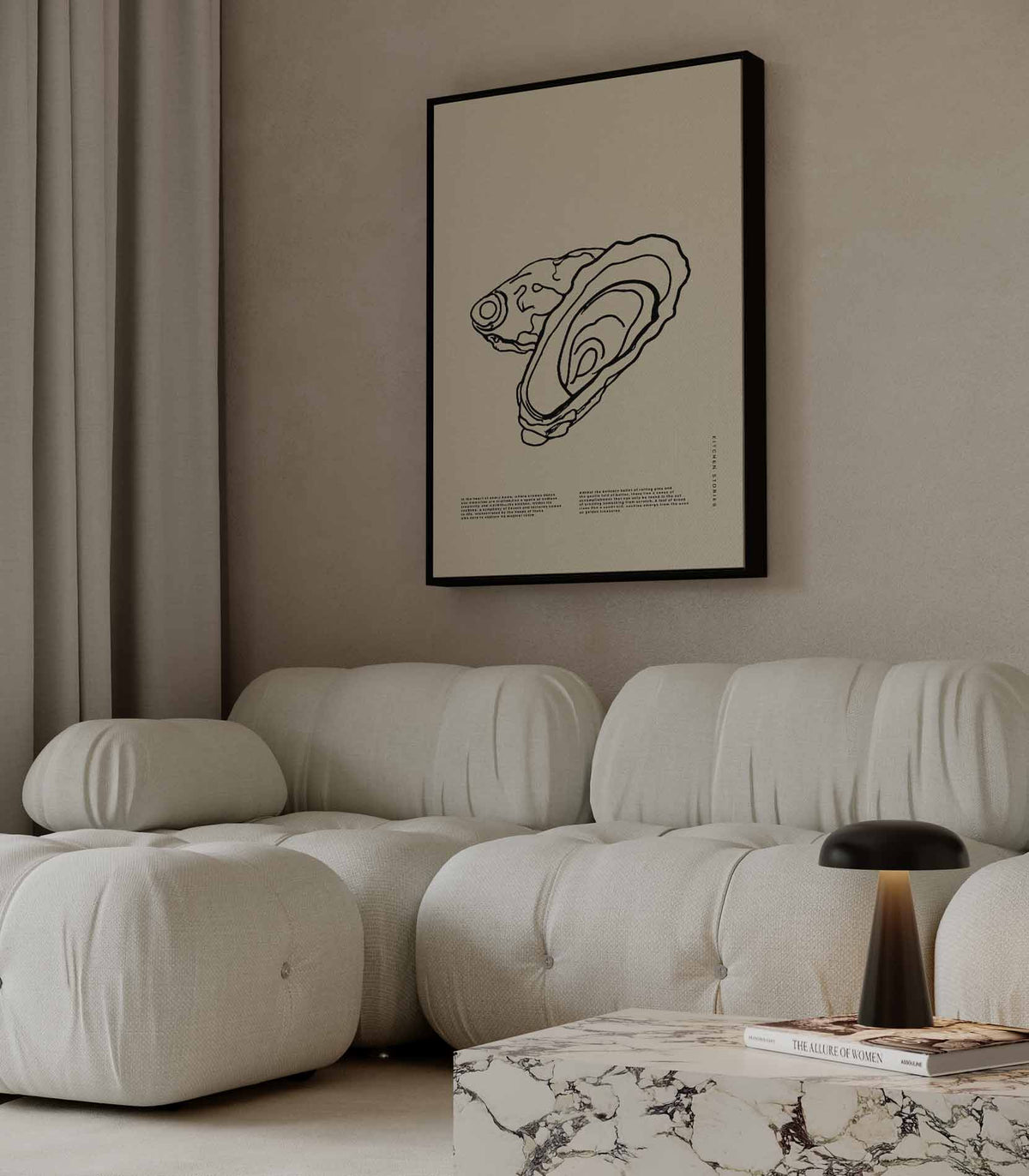 Oesterlijntekening op beige achtergrond – modern portret kunstwerk van WallArtistic