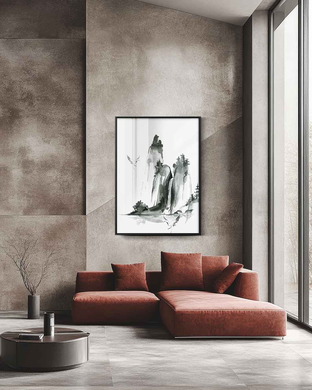 Monochrome Berglandschap – staande wandkunst voor woonkamer of interieur