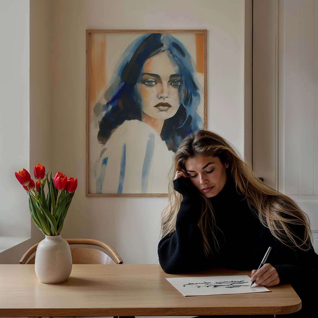 Mystieke Blauw Getinte Portretposter – staande vrouwelijke wanddecoratie van WallArtistic