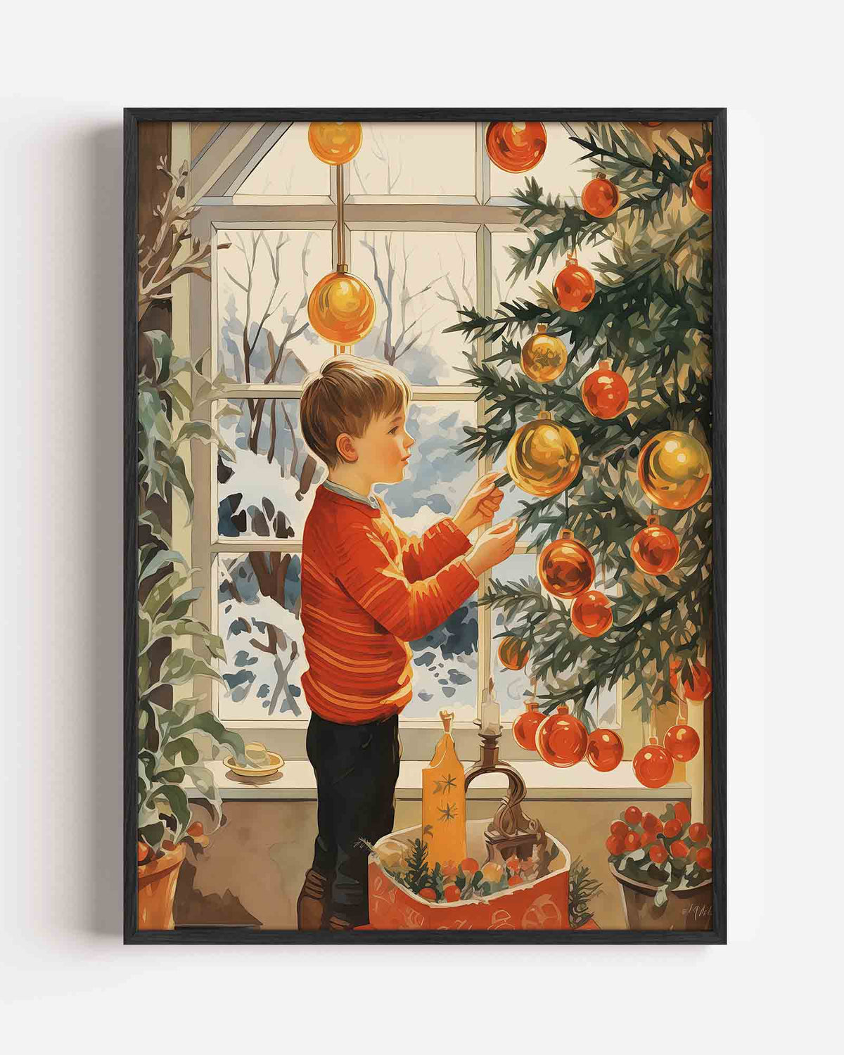 Jongetje bij kerstboom – kerst portret poster als wanddecoratie
