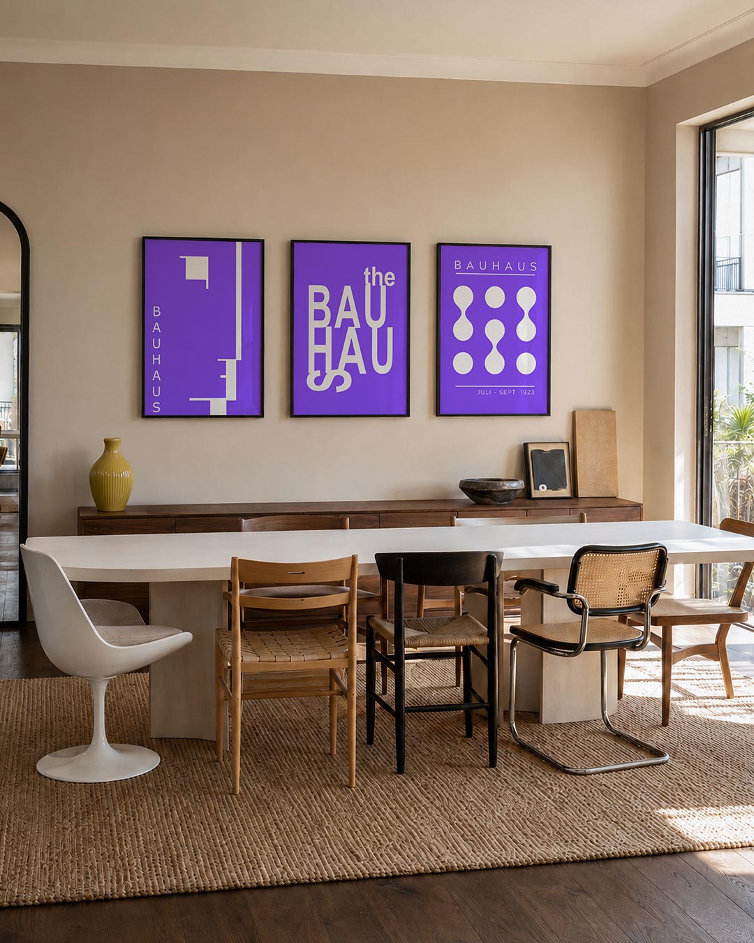 Vorm en kleur driedelige posterset – deze posterset in drie delen speelt met paarse kleurvlakken