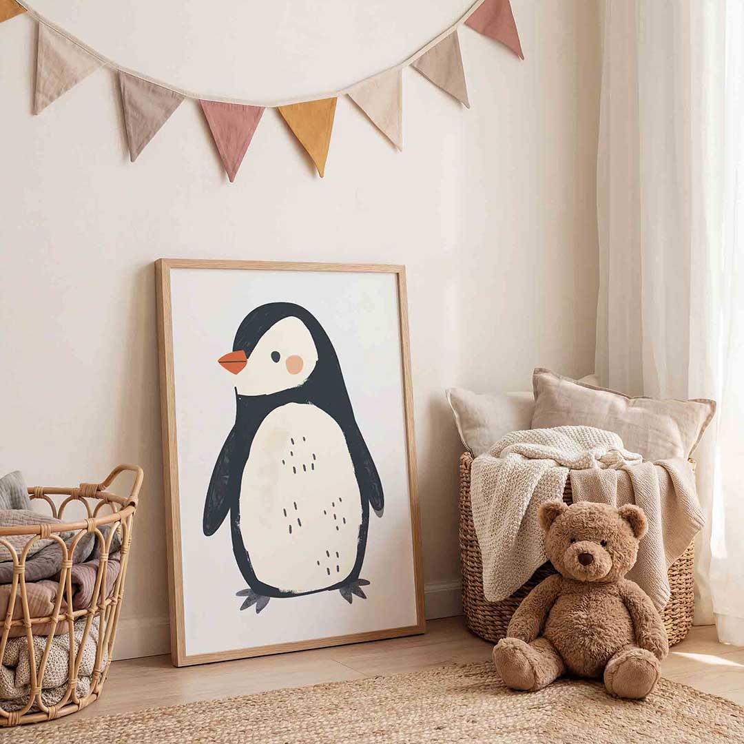 Schattige pinguïn – speelse wandkunst als portret kinderposter