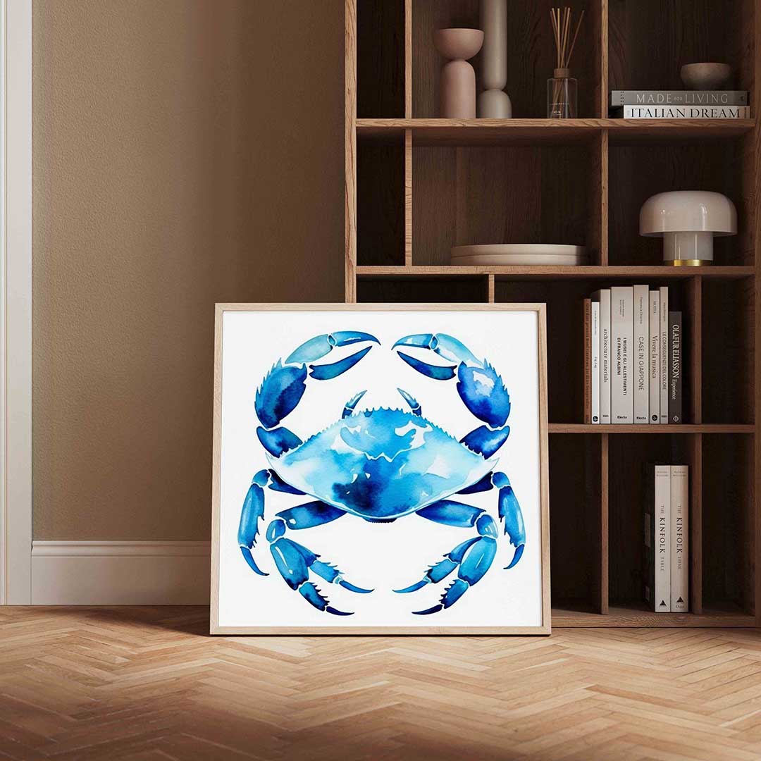 Blauwe krab – kleurrijke vierkante wanddecoratie van WallArtistic