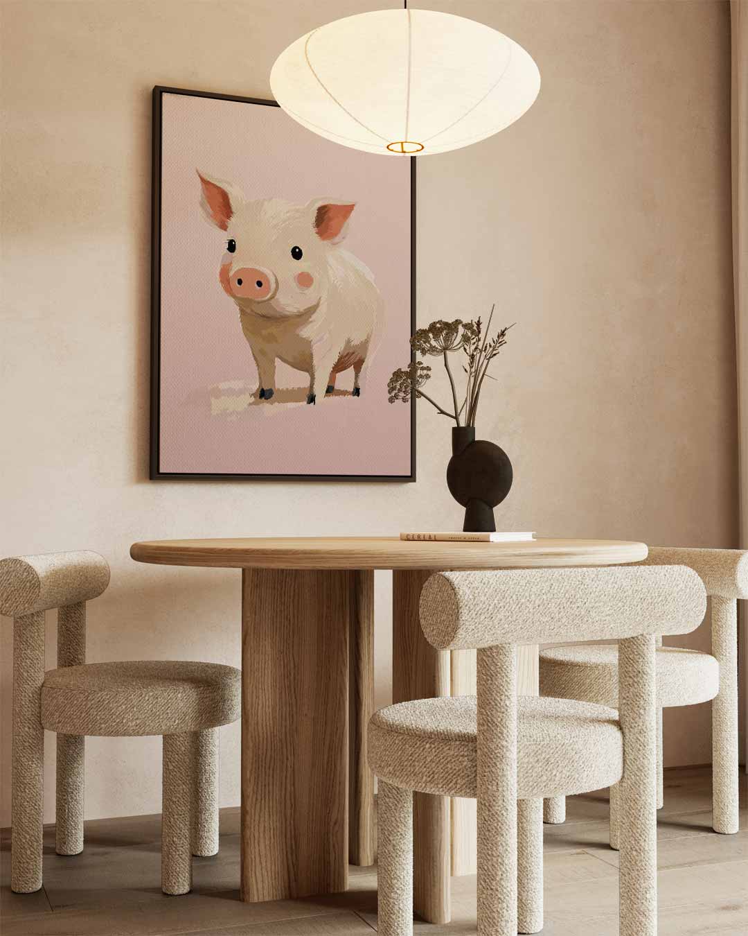 Schattig Varkentje op Roze Achtergrond – staand kunstwerk voor modern interieur