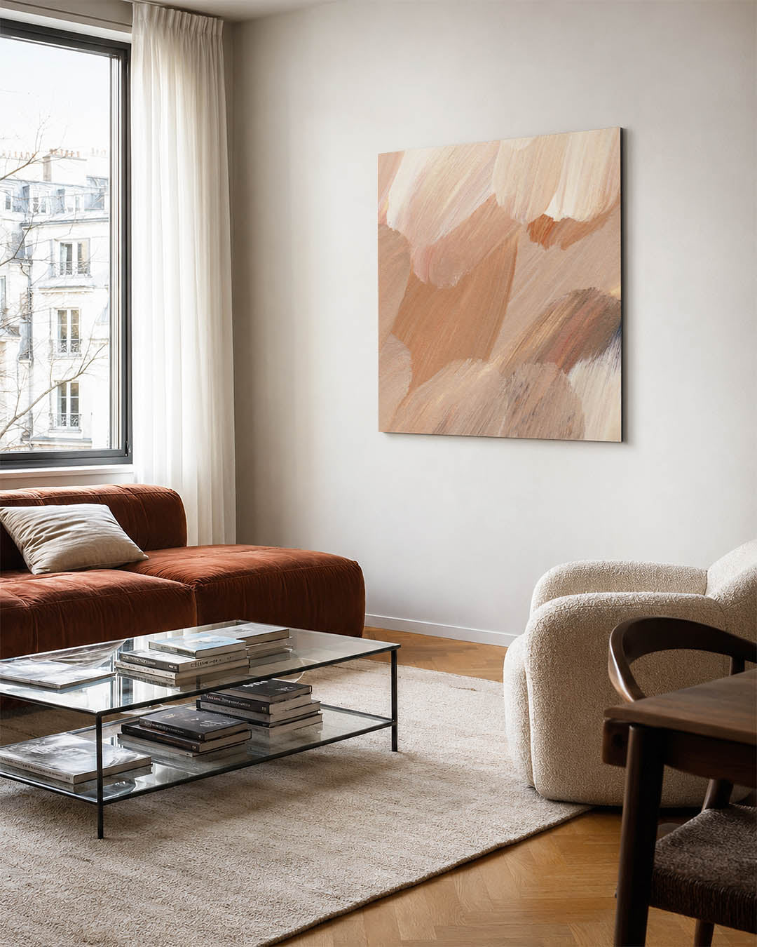 Zachte penseelstreken kunstwerk – vierkante wanddecoratie – dit werk toont vloeiende penseelstreken in beige en bruin tinten.
