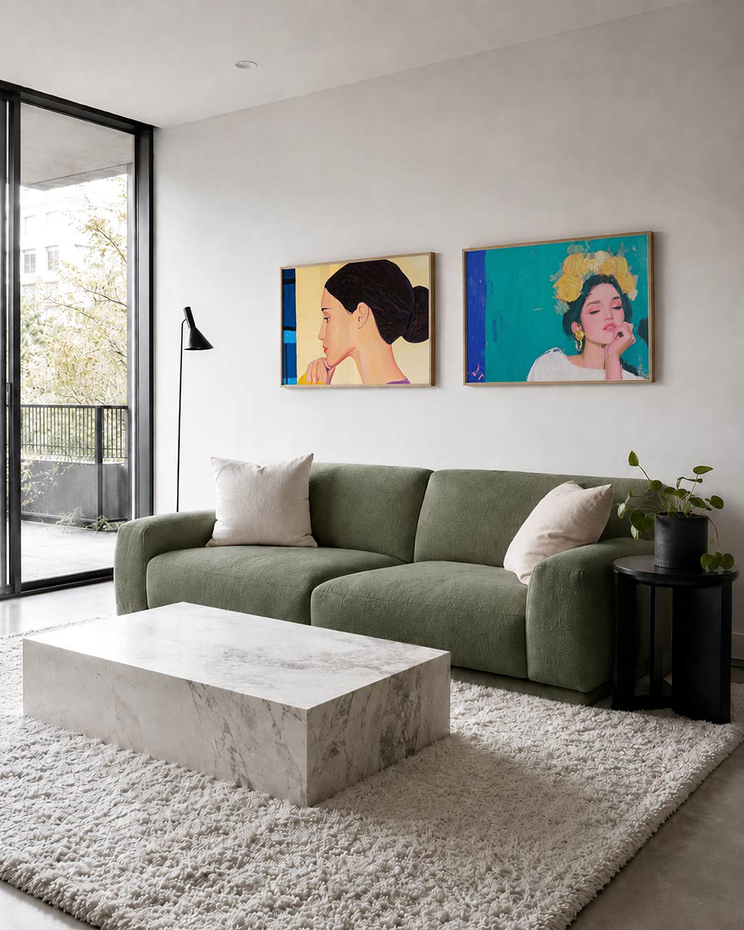 Twee liggende posters met een zijaanzicht van een vrouw met een serene blik, aan de muur in een interieur