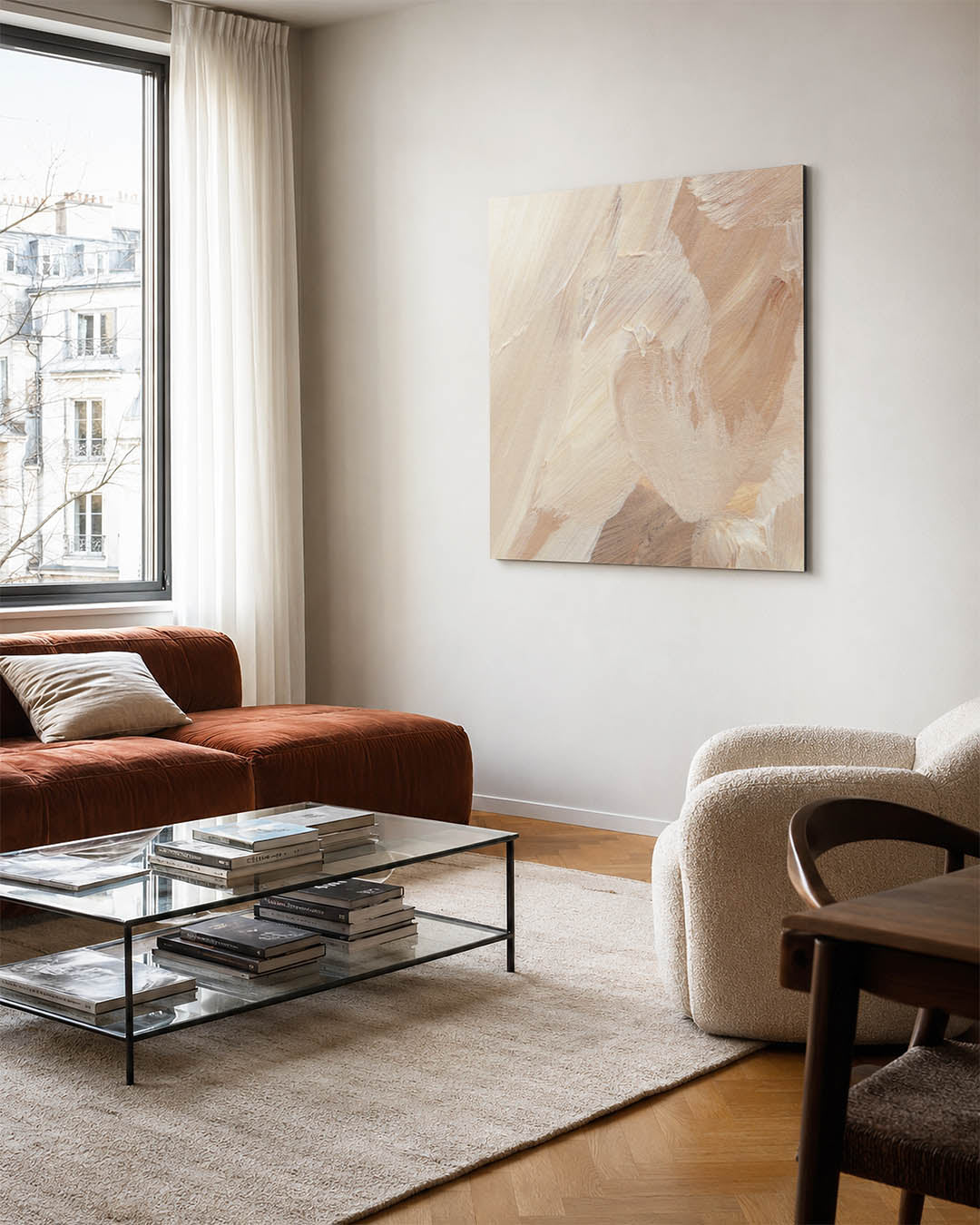 Penseelstreken kunstwerk – vierkante wanddecoratie – dit werk toont vloeiende penseelstreken in zachte beige tinten. De