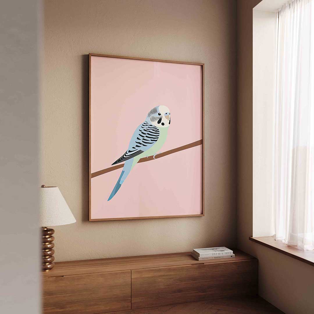 Parkiet op tak – dierenillustratie als portret poster