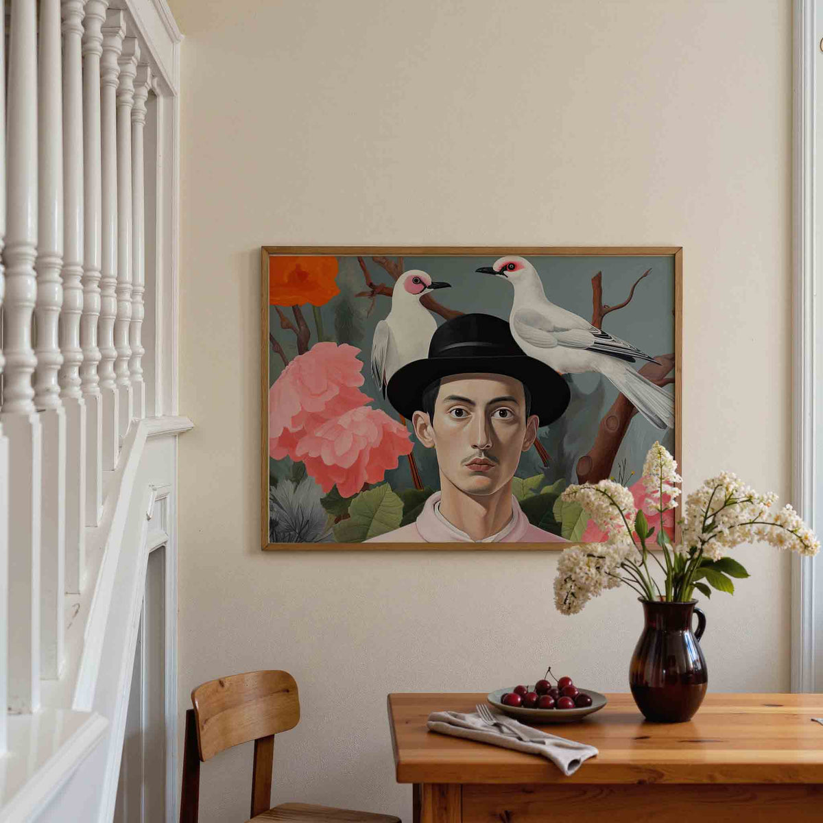 Man met hoed en vogels – dieren poster in liggend formaat
