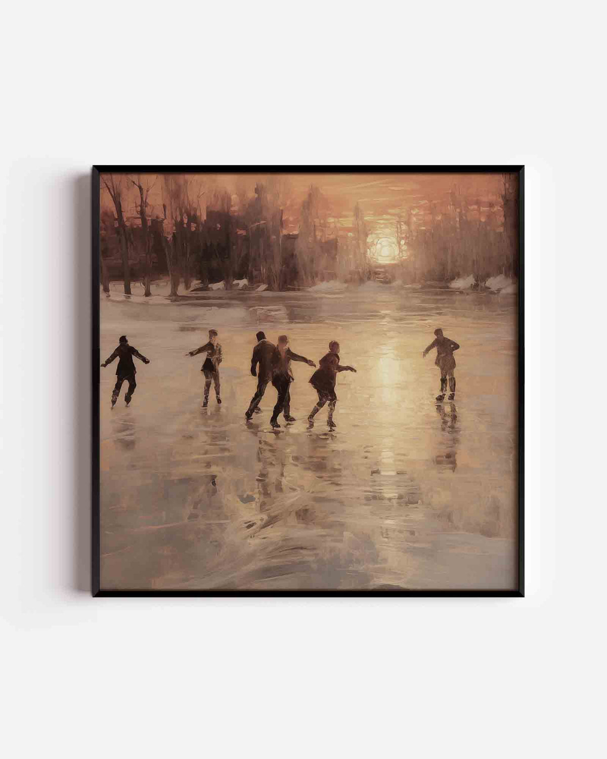 Schaatsers bij zonsondergang – kerst vierkante poster als wanddecoratie