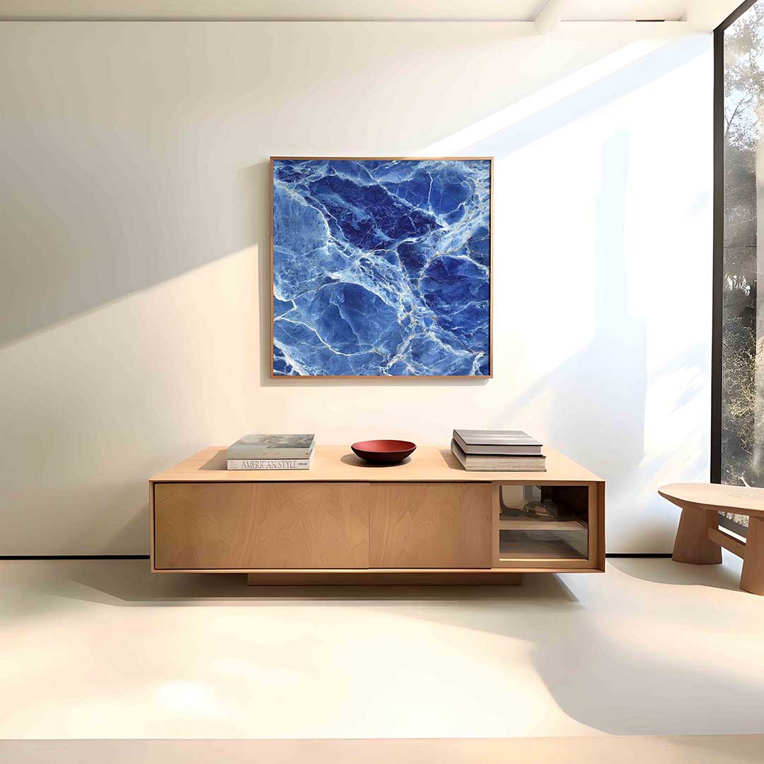 Blauwe marmerstructuur – vierkante abstracte wanddecoratie van WallArtistic