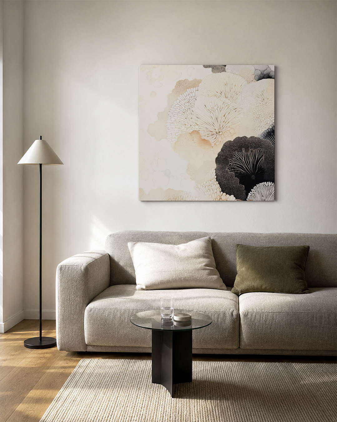 Organische patronen kunstwerk – vierkante wanddecoratie – dit werk toont een verzameling van organische vormen in beige en