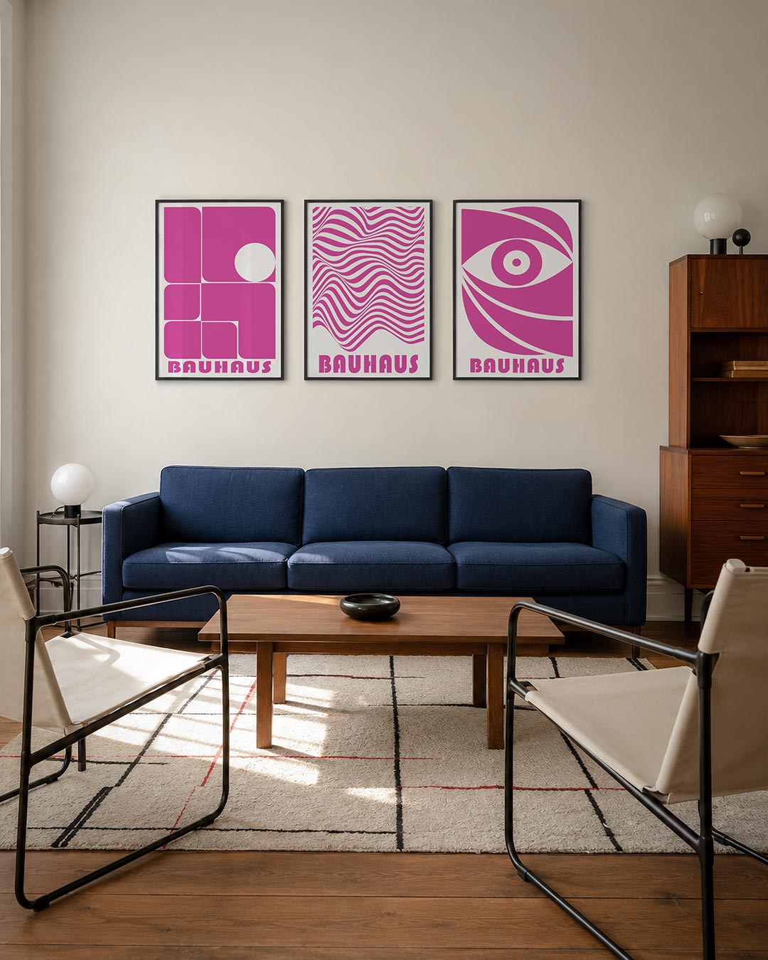 Vorm en kleur driedelige posterset – deze posterset in drie delen toont een speelse ordening van roze rechthoeken en een